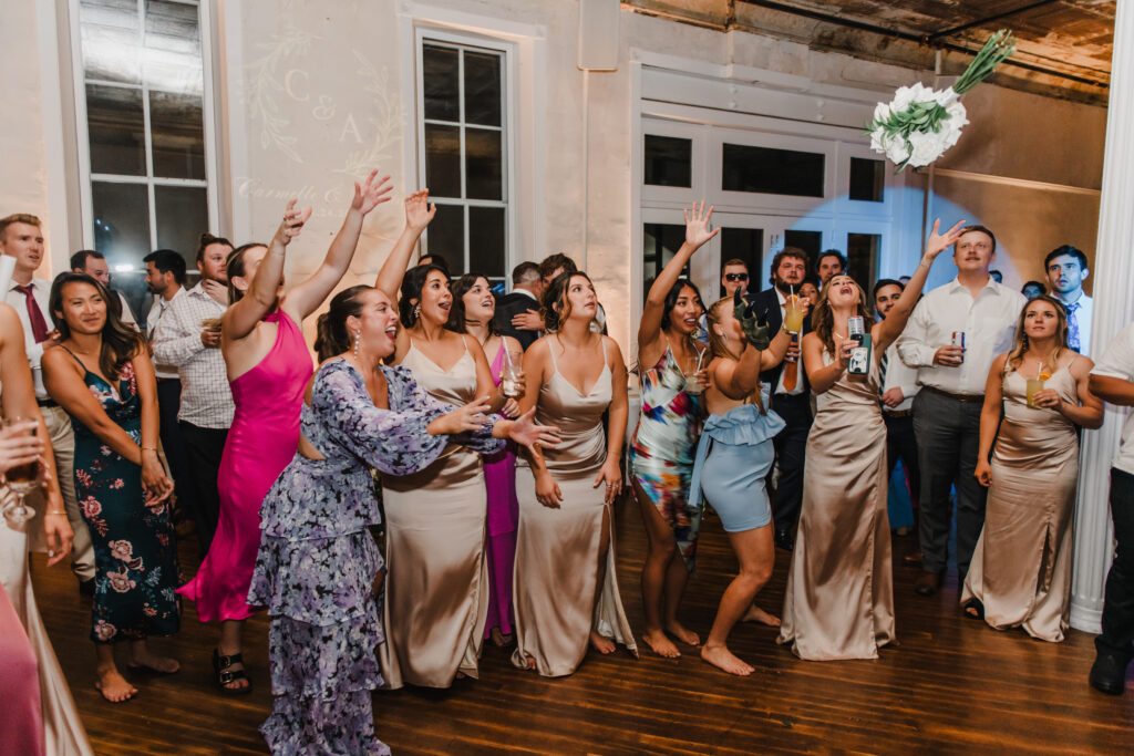 bouquet toss at wedding reception in lancaster pennsylvania